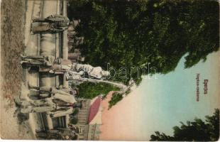 Eperjes, Presov; Neptun-csatorna és kút, üzletek. Stehr és Landau kiadása / fountain, shops (kopott sarkak / worn corners)