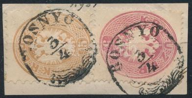 1863 5kr + 1864 15kr on cutting "ROSNYÓ", 1863 5kr + 1864 15kr kivágáson "ROSNYÓ"