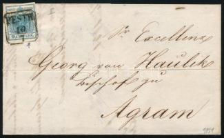 1851 9kr HP II with plate flaw on cover "PESTH" - "AGRAM", 1851 9kr HP II. lemezhiba a KREUZER feliratban teljes levélen "PESTH" - "AGRAM"