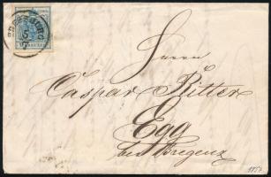 1857 9kr MP III on cover "PRESSBURG" - "EGG", 1857 9kr MP III. levélen, hátoldalon 4 db bélyegzés "PRESSBURG" - "EGG"