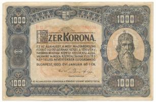 1920. 1000K "Orell Füssli Zürich" nyomdahely jelöléssel, "B 13 580039" sorszámmal T:F, szakadás de erős papír Adamo K36