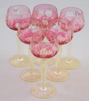 6 darabos ólomkristály pohár szett, rózsaszín pácolással, jelzés nélkül, m: 15 cm