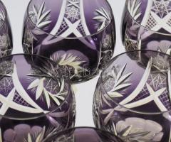 6 darabos ólomkristály pohár szett, lila pácolással, jelzés nélkül, m: 19 cm