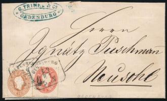 1863 5kr + 10kr on cover "OEDENBURG" - Neusohl, 1863 5kr + 10kr levélen "OEDENBURG" - Neusohl