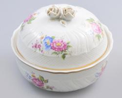 Hollóházi Hajnalka fedeles edény, jelzett, kissé sérült rózsa fogóval, d: 17 cm