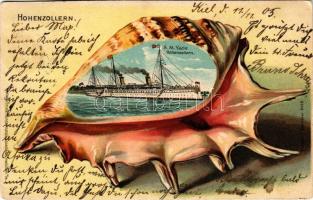 1905 SMS Hohenzollern.Verlag Kunstanstalt Rosenblatt (Frankfurt) / German Navy Imperial Yacht, montage with shell. Emb. litho (EK)
