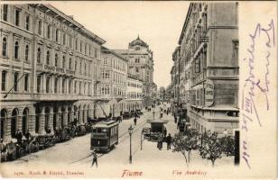 1901 Fiume, Rijeka; Via Andrássy. Koch &amp; Bitriol (Dresden) / Andrássy út, villamos, Lloyd szálloda, Európa nagyszálloda, étterem. A képeslap címzettje dr. Semadam Sándor ügyvéd (1864-1946), később Simonyi-Semadam Sándor, Magyarország miniszterelnöke 1920. március 15. és július 19. között, az ő kormánya kényszerült a súlyos következményekkel járó trianoni békeszerződés aláírására. A címzés helyesen: Kacsa utca 29. / street, tram, Hotel Lloyd Grand Hotel Europe, restaurant. The postcard was addressed to Sándor Semadam, Prime Minister of Hungary in 1920 (gyűrődés / crease)