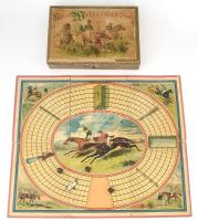 cca 1907 német lóverseny játék, ón figurákkal, fa dobozban, sérülésekkel, 24x33 cm