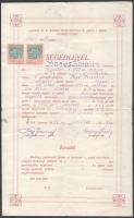 1925 Újpest r. t. város ipartestülete által kiállított segédlevél női szabó részére, 2x100K okmánybélyeggel, kis foltokkal