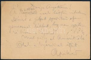 1903 Kézdi-Kovács László (1864-1942) festőművész, műkritikus autográf sorai feleségéhez, amelyben képek elszállításáról és Amerikába történő elutazásáról ír. Levelezőlapon, autográf aláírásával.