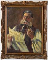 Szentpályi jelzéssel, 1920-35 körül: Pipázó, Új Barázda újságot olvasó férfi. Olaj, vászon. Dekoratív, kissé sérült fakeretben. 50x40 cm.