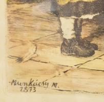 Munkácsy Mihály után Kórusz József (1927-2010): Köpülő asszony. Színezett rézkarc, papír, jelzett a ...