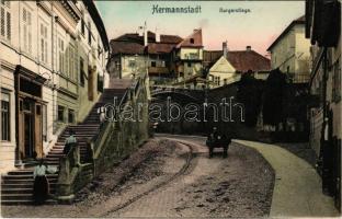 1907 Nagyszeben, Hermannstadt, Sibiu; Burgerstiege, Apotheke / lépcső, gyógyszertár, üzletek / street, stairs, pharmacy, shops (EK)