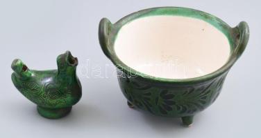 Alföldi mázas edény és madár síp, d: 14,5 cm