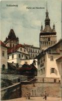 1914 Segesvár, Schässburg, Sighisoara; Partie am Stundturm / Óratorony, W. Schwarz üzlete. Fritz Teutsch kiadása / clock tower, shops (EK)