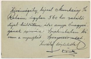 1903 Munkácsy kontra Roheim peres ügyben írt levelezőlap, Kézdi-Kovács László (1864-1942) festőművész, műkritikusnak Brüsszelbe küldve: "Kívánságához képest Munkácsy c/a Roheim ügyben 560 kor. szakértői díjat küldöttem (...)". Beazonosítandó aláírással. Ritka kordokumentum! Munkácsyné Roheim Ödön (1868?1939) okleveles ügyvédet, fakereskedőt és Kádár Gábor (1859-) festőművészt, nyomdászt, cégvezetőt perelte 1898-tól Munkácsy Mihály 32 festménye, vázlata és reprodukciós jogai ügyében. Roheim és Kádár Munkácsy Krisztus Pilátus előtt c. művéről készített reprodukciós nyomatot. Kádár Gábor, korábban Munkácsy növendéke Párizsban, egy magyar társaságot alapított abból a célból, hogy az Ecce homót több országban bemutassa és Kádár tervezte 1896-ban a festményt és bemutatását hirdető plakátot. A pernek 1904-ben a magyar állam vetett véget azzal, hogy Munkácsy özvegyétől átvette a képeket.