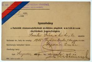 1939. Névre szóló, kitöltött viselői igazolvány a Felvidéki Emlékéremhez, a "M. Kir. 10. honvéd határvadász zászlóalj - visszamaradt különítmény parancsnokság" pecsétjével T:AU,XF / Hungary 1939. Bearers ID for the "Upper Hungary Medal" decoration, with stamp from the "10th Hungarian Royal Borderer Battalion - Reserves HQ" T:AU,XF