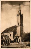 1938 Rimaszombat, Rimavská Sobota; Ref. kostol / Református templom, Braun Jenő üzlete. Hátoldalon visszatért bélyegzés és magyar nemzeti színű ragasztott szív "Ami magyar mindent vissza!" irredenta felirattal / Calvinist church, shop, Hungarian irredenta propaganda on the backside + "1938 Rimaszombat visszatért" So. Stpl. (EK)