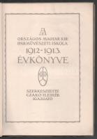 1913 Az Országos Magyar Kir. Iparművészeti Iskola 1912-1913. évkönyve. Szerk.: Czakó Elemér. Bp., 1913., Orsz. M. Kir. Iparművészeti Iskola, 2+29+3 p.+ 48 (kétoldalas képanyag) t. + 2 (műmellékletek: Motolla-Mottl Román és Somfai István húsvéti üdvözlőlap-terve, és Szekeres Béla 2 szignált reklámlevelezőlapjai) t. Gazdag képanyaggal illusztrált. A diákok között Pátzay Pál szobrász, Diósy Antal festőművész, (Paizs) Goebel Jenő grafikus, festőművész és mások. Kiadói papírkötés, foltos, szakadt borítóval, a gerincen hiánnyal, egy műmelléklet kijár.
