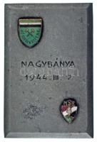 1944. "Nagybánya 1944. III. 7." gravírozású fém plakett, rajta a "Jó Szerencsét SE" és a "HSE" zománcozott címereivel (40x60mm) T:XF zománchiba / Hungary 1944. "Nagybánya (Baia Mare) 1944. III. 7." engraved metal plaque, with enameled logos of "Jó Szerencsét SE" and "HSE" (40x60mm) T:XF zománchiba