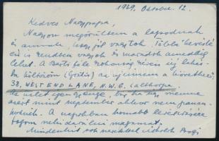 1939 London, Kézdi-Kovács Elemér (1898-1976) festőművész autográf sorai édesapjához, Kézdi-Kovács László (1864-1942) festőművész, műkritikushoz, Londonból, melyben beszámol új lakásáról. Kézdi-Kovács Elemér autográf aláírásával, levelezőlapon.