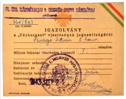 1943. Névre szóló, kitöltött viselői igazolvány a Tűzkereszt I. fokozatához, a "M. Kir. Kárpátaljai 1. honvéd hegyi zászlóalj - pótkeret" pecsétjével T:AU