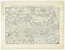 [Világtérkép 1550 körül] Figura del Mondo Universale. Fametszet. Sebastian Münster után. 380x280 mm Restaurált. Az illusztrált térképen a tengerben szörnyek, a szeleket angyalok fújják. Látványos ritka darab.  World map from around 1550 based on the map of Münster. Woodplate print.