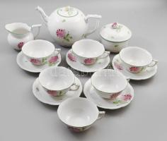 Herendi virág mintás teás készlet. Kézzel festett, jelzett, rózsán apró lepattanással, 1 alj hiánnyal, 24x14 cm