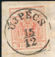 1853 3kr HP III. élénk színű bélyeg levélen "ÚJPÉCS" - Temesvár 1853 3kr HP III. lively co...