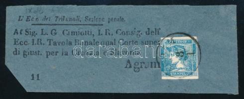 ~1855 Hírlapbélyeg teljes címszalagon "AGRAM" Signed: Rismondo, ~1855 Newspaper stamp on complete wrapper "AGRAM" Signed: Rismondo