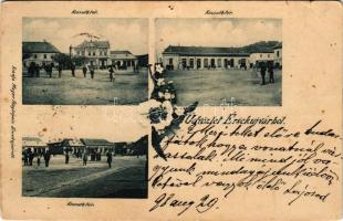 1898 (Vorläufer) Érsekújvár, Nové Zámky; Kossuth tér, Központi kávéház, üzletek. Mayer fényképész kiadása / square, café, shops. Art Nouveau, floral (lyukak / pinholes)