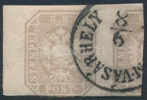 1863 Hírlapbélyeg pár, a jobb oldali félbe vágva "(HOLD).M.VÁSÁRHELY"