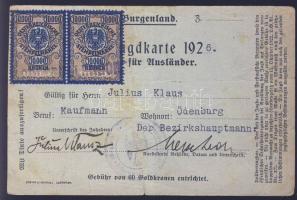 Ausztria Burgenland 1926 Vadászati engedély egy soproni kereskedő részére Felsőpulyán kiállítva, 2 x 10000K okmánybélyeggel