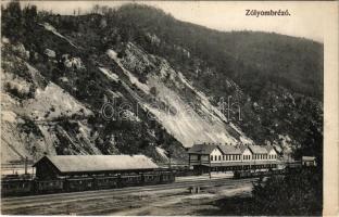 1912 Zólyombrézó, Podbrezová; vasútállomás, vonatok. Kóczánné Irma kiadása / railway station, trains + "ZÓLYOM-BREZÓ - ZÓLYOM 97. SZ." vasúti mozgóposta bélyegző "ZÓLYOMBREZÓ P.U." pályaudvari bélyegző (EK)