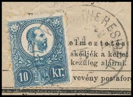 1872 Réznyomat 10kr tértivevényen, Szabadka háromnyelvű bélyegzéssel / 10kr on Retour Recepisse