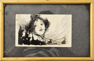 Márk Lajos (1867-1940): Szép fej. Tus, toll, papír, jelzés nélkül, hátoldalán Kézdi-Kovács László (1864-1942) festőművész, műkritikus autográf feliratával: "Márk Lajos eredeti tollrajza, "Szép fej", Collection L de Kézdi-Kovács Bpest". Proveniencia: Kézdi-Kovács László hagyatéka. Üvegezett fakeretben. 8,5x15 cm