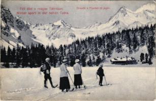 1912 Tátra, Magas-Tátra, Vysoké Tatry; Téli élet a Magas Tátrában, síelők (skíezők) a Poprádi tó jegén / Wintersport in der hohen Tatra / winter sport, skiing on the frozen Popradské pleso lake (EK)