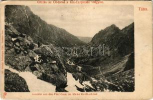 Tátra, Magas-Tátra, Vysoké Tatry; Kilátás az Öt-tóról a Kis-Tarpataki-völgybe. Feitzinger Ede 58. / Aussicht von den Fünf-Seen ins Kleine Kohlbachtal / lake, valley mountains (kopott élek / worn edges)