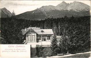 Tátralomnic, Tatranská Lomnica (Magas-Tátra, Vysoké Tatry); Pályaudvar, vasútállomás és a Lomniczi csúcs. Feitzinger Ede 1905. No. 814. Brs. / Bahnhof u. Lomn. Sp. / railway station, mountain peaks (kopott sarkak / worn corners)