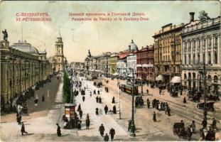 Saint Petersburg, St. Petersbourg, Leningrad, Petrograd; Perspective de Nevsky et le Gostinny Dvor / general view, tram, shops, theatre (b)