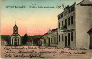 1918 Kraszna, Sz.-Kraszna, Crasna (Szilágy megye); Római katolikus templom, Krasznai Hitelbank. Boda Béla kiadása / Catholic church, bank (EK)