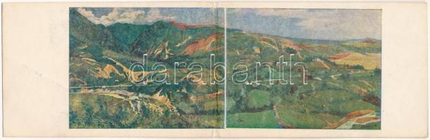 Grozesti, Az ezred védelmi harca 1917. augusztus 30-tól a fegyverszünet beálltáig, hol az ezred a román támadásokat azok véres veszteségével hősiesen verte vissza. A Cs. és Kir. 82. Székely gyalogezred rokkant alap javára. Rigler r.t. (Budapest) - 2-részes kihajtható panoráma művészlap / WWI Austro-Hungarian K.u.k. military, battle in Romania - 2-tiled folding panorama art postcard s: Keleti Sándor (hajtásnál kopott / worn at fold)