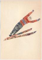 Síelő, téli sport. Bélyegekből kivágott és összeragasztott képeslap. Budai nyomda / Skiing, winter sport. Made out of stamps