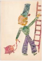 Kéményseprő malaccal. Bélyegekből kivágott és összeragasztott képeslap. Budai nyomda / Chimney sweeper with pig. Made out of stamps
