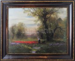 Kézdi Kovács László (1864-1942): Pipacsot szedő lány kutyával. Olaj, vászon, jelezve balra lent, javított, apró felületi sérülésekkel. Dekoratív fakeretben, 50×65,5 cm