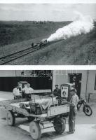 Különleges járművek: rakétával hajtott sínautó és motorral hajtott lovaskocsi, az utóbbi magyar buhera, eltérő időben készült felvételek, 2 db modern nagyítás, jelzés nélkül, 15x21 cm