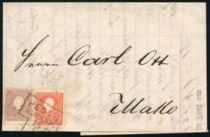 1860 5kr + 10kr levélen kalapácsos "PESTH / ABENDS" bélyegzéssel Makóra (Ryan 200 p)