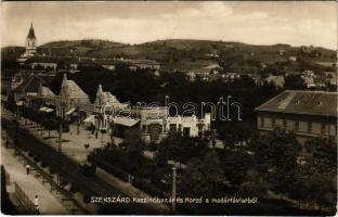 1937 Szekszárd, Kaszinó bazár és Korzó madártávlatból, légifotó, Gauzer Ádám, Molnár, Diamant üzlete, Albus szappan reklámfelirat. Weisz kiadása, Knöpfmacher felvétele (gyűrődések / creases)