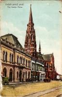 1928 Eszék, Essegg, Osijek; Gornji grad, Trg kralja Petra. No. 709. / Felsőváros, Péter király tér, templom, üzletek / upper town, King Peter square, church, shops (kopott élek / worn edges)