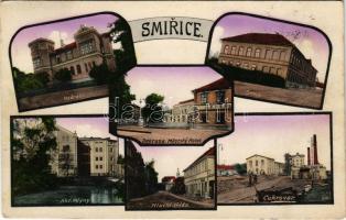 1916 Smirice, Nádrazí, Skola, Dvorana, Mestsky Hotel, Akc. mlyny, Hlavní trída, Cukrovar. Nakl. Rudolf Smejda / multi-view postcard with 6 images: town hall, school, hotel, street, sugar factory, mill (EK)